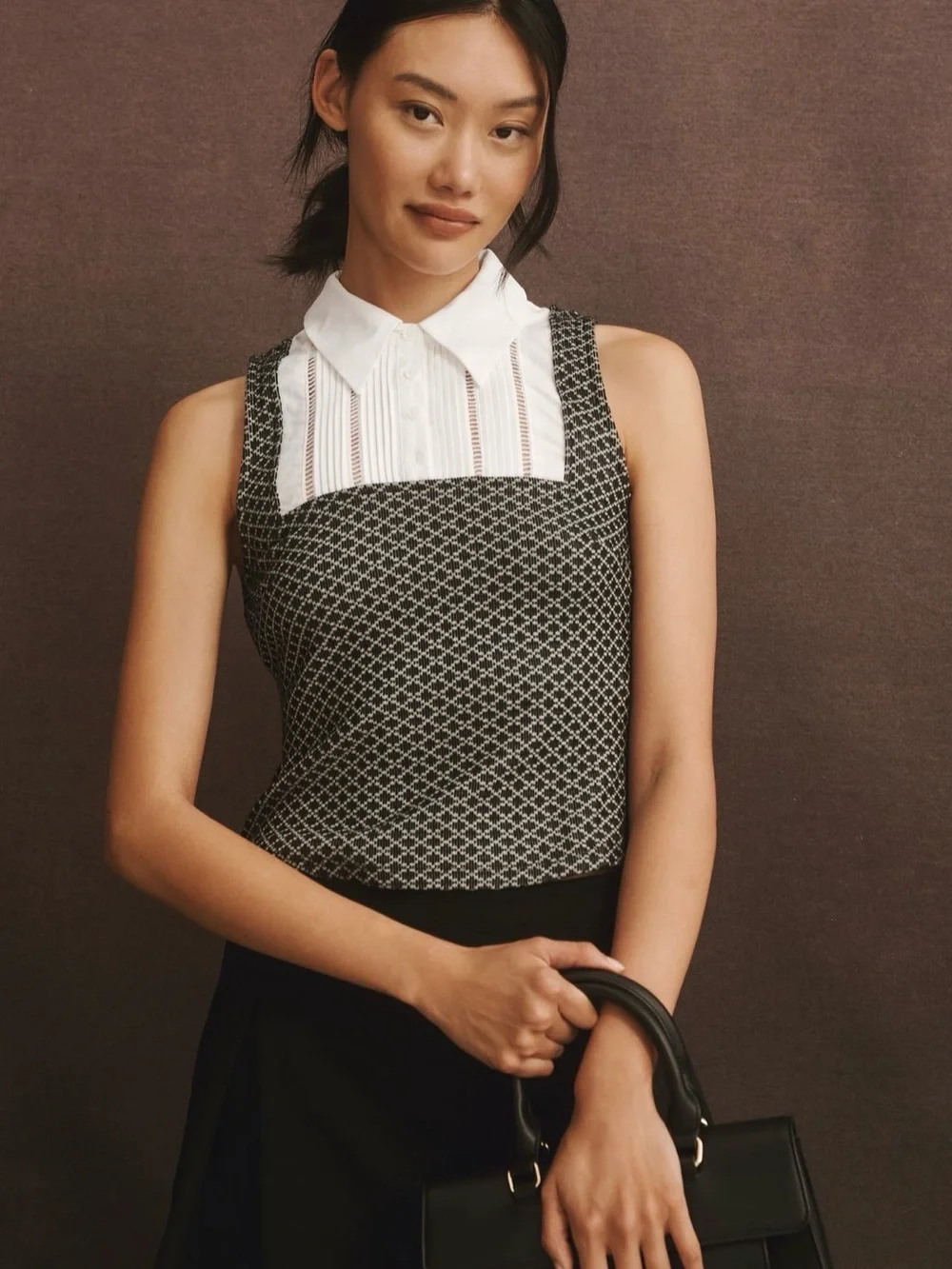 Anthro Maeve Sleeveless Tuxedo Twofer Top Sweater Vest Black & White Small - Picture 2 of 10